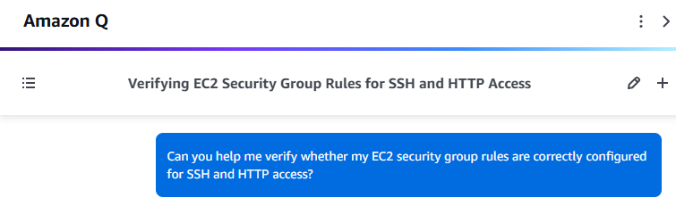  chat panel showing a query about EC2 security group rules